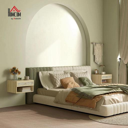 Juego de 2 Mesitas de Noche Colgantes con Compartimento Abierto y Cajón con Frontal de Ratán 40x34x23 cm Natural