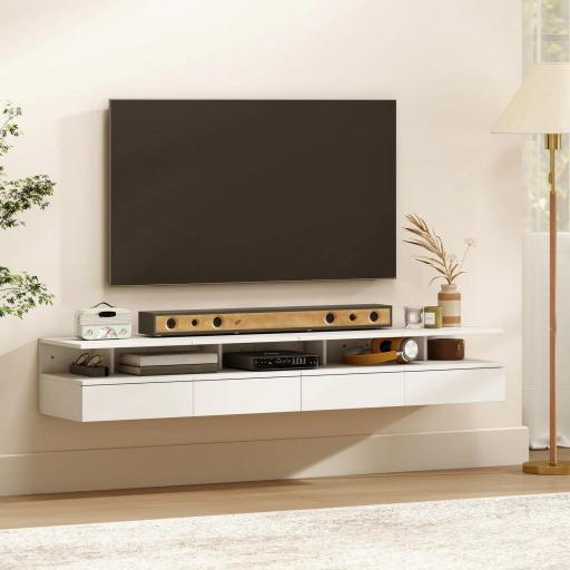 Juego de 2 Mesitas de Noche Flotantes, Mesillas de Noche Dormitorio con Cajón, Estante Abierto, Ahorra Espacio, Diseño Moderno, para Sala de Estar, 35x32x22,5 cm, Blanco [1]