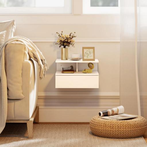 Juego de 2 Mesitas de Noche Flotantes, Mesillas de Noche Dormitorio con Cajón, Estante Abierto, Ahorra Espacio, Diseño Moderno, para Sala de Estar, 35x32x22,5 cm, Blanco [2]