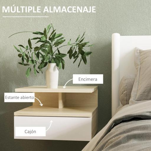 Set de 2 Mesitas de Noche Flotantes con 1 Cajón y Estante Abierto Diseño Moderno Montado en la Pared 35x32x22,5 cm Roble [4]