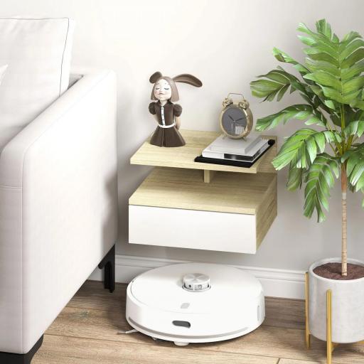 Set de 2 Mesitas de Noche Flotantes con 1 Cajón y Estante Abierto Diseño Moderno Montado en la Pared 35x32x22,5 cm Roble [5]