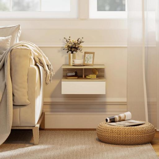 Set de 2 Mesitas de Noche Flotantes con 1 Cajón y Estante Abierto Diseño Moderno Montado en la Pared 35x32x22,5 cm Roble [7]