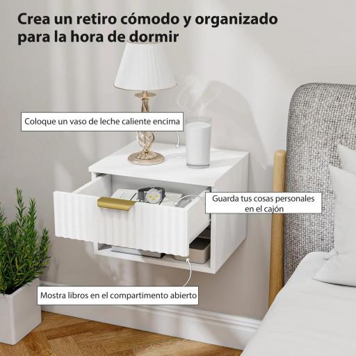Juego de 2 Mesitas de Noche Flotantes con Cajón con Frente Acanalado y Estante Abierto 40x34x29 cm Blanco [3]