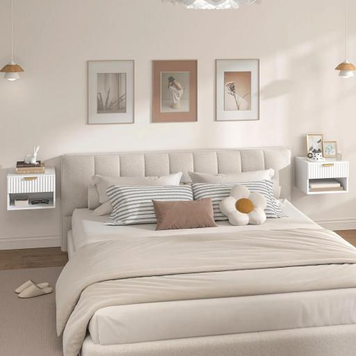 Juego de 2 Mesitas de Noche Flotantes con Cajón con Frente Acanalado y Estante Abierto 40x34x29 cm Blanco [7]