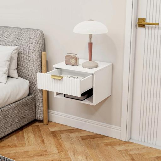 Juego de 2 Mesitas de Noche Flotantes con Cajón con Frente Acanalado y Estante Abierto 40x34x29 cm Blanco [5]