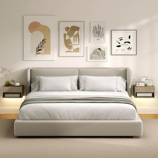 Juego de 2 Mesitas de Noche Flotantes con Luces LED RGB Control de APP Cajón Estante Abierto Natural [7]