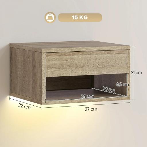 Juego de 2 Mesitas de Noche Flotantes con Luces LED RGB Control de APP Cajón Estante Abierto Natural [1]