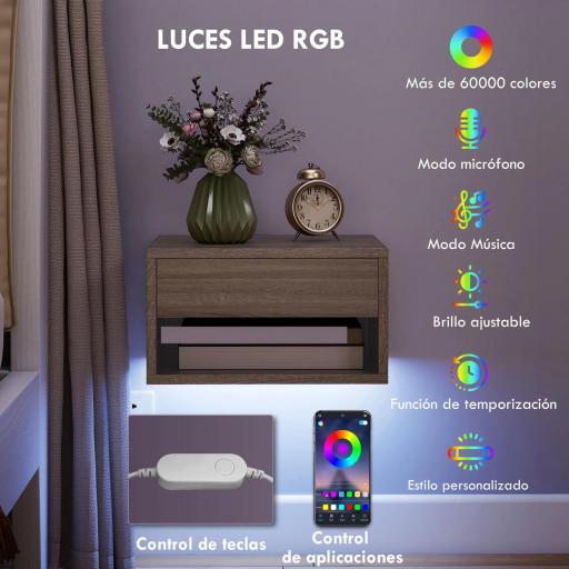 Juego de 2 Mesitas de Noche Flotantes con Luces LED RGB Control de APP Cajón Estante Abierto Natural [2]