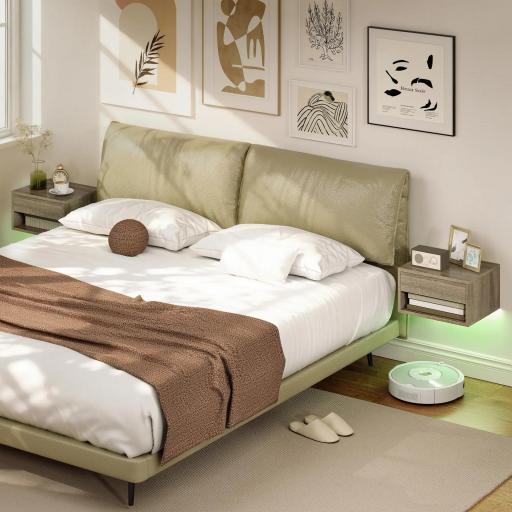 Juego de 2 Mesitas de Noche Flotantes con Luces LED RGB Control de APP Cajón Estante Abierto Natural [5]