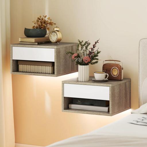 Juego de 2 Mesitas de Noche Flotantes con Luces LED RGB Control de APP Cajón Estante Abierto Natural y Blanco [1]