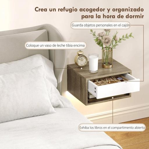 Juego de 2 Mesitas de Noche Flotantes con Luces LED RGB Control de APP Cajón Estante Abierto Natural y Blanco [4]