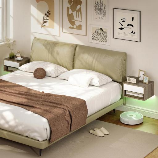 Juego de 2 Mesitas de Noche Flotantes con Luces LED RGB Control de APP Cajón Estante Abierto Natural y Blanco [6]