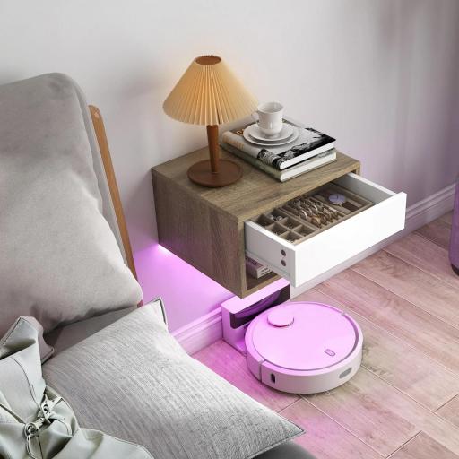 Juego de 2 Mesitas de Noche Flotantes con Luces LED RGB Control de APP Cajón Estante Abierto Natural y Blanco [7]