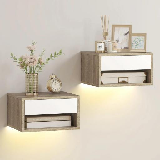 Juego de 2 Mesitas de Noche Flotantes con Luces LED RGB Control de APP Cajón Estante Abierto Natural y Blanco [9]