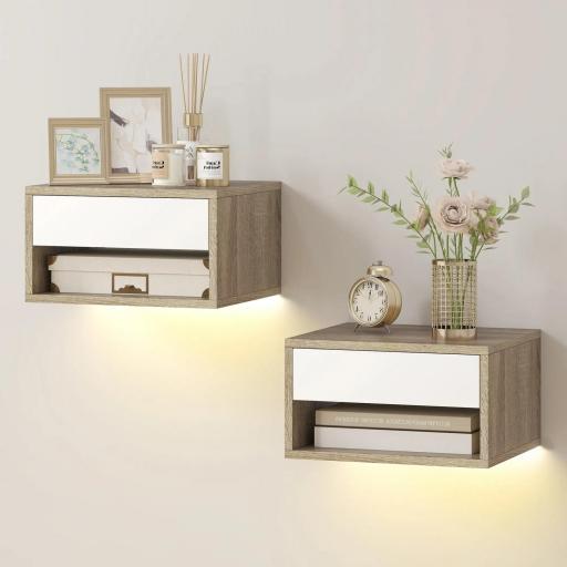 Juego de 2 Mesitas de Noche Flotantes con Luces LED RGB Control de APP Cajón Estante Abierto Natural y Blanco [8]