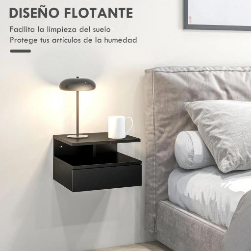 Juego de 2 Mesitas de Noche Flotantes, Mesillas de Noche Dormitorio con Cajón, Estante Abierto, Ahorra Espacio, Diseño Moderno, para Sala de Estar, 35x32x22,5 cm, Negro [3]