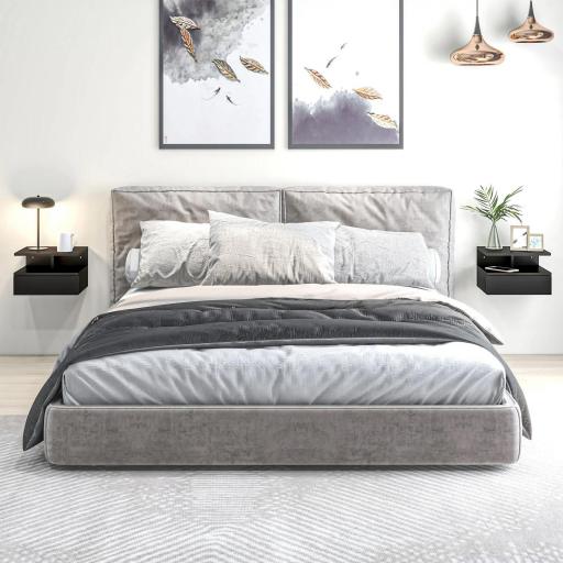 Juego de 2 Mesitas de Noche Flotantes, Mesillas de Noche Dormitorio con Cajón, Estante Abierto, Ahorra Espacio, Diseño Moderno, para Sala de Estar, 35x32x22,5 cm, Negro [4]
