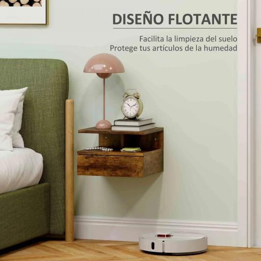 2 Mesitas de Noche Flotantes con 1 Cajón y Estante Abierto Diseño Moderno 35x32x22,5 cm Marrón Rústico [2]