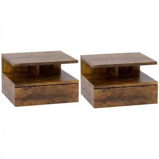 2 Mesitas de Noche Flotantes con 1 Cajón y Estante Abierto Diseño Moderno 35x32x22,5 cm Marrón Rústico [8]