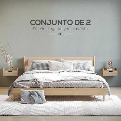 Set de 2 Mesitas de Noche de Pared Mesillas Flotantes con 1 Cajón para Dormitorio Habitación 40x30x19,5 cm Natural [2]