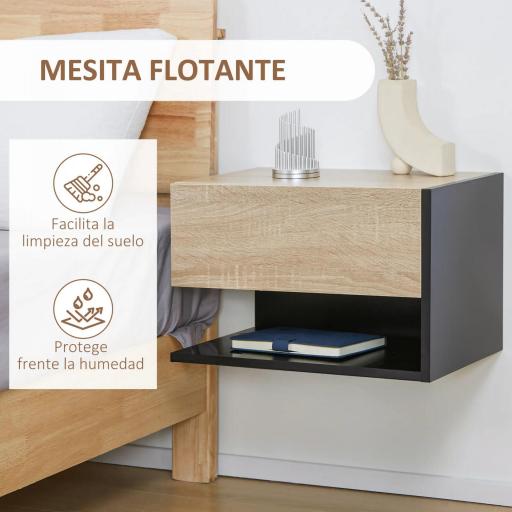 Juego de 2 Mesitas de Noche Flotantes Mesitas de Noche Colgantes con 1 Cajón y Estante Abierto 46x30x30cm Roble y Negro [2]