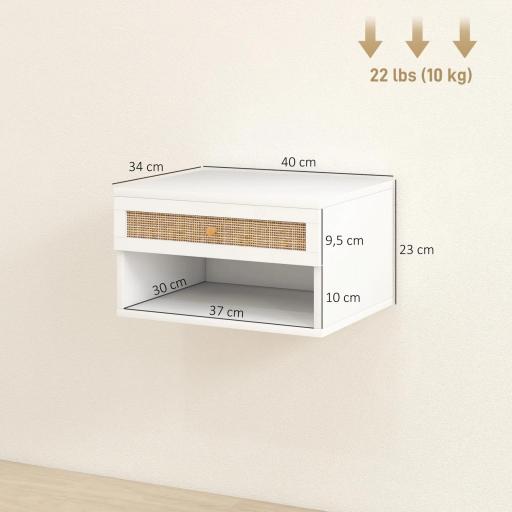 Juego de Mesitas de Noche Flotantes con Cajón de Ratán y Estante Abierto para Dormitorio 40x34x23cm Blanco [1]