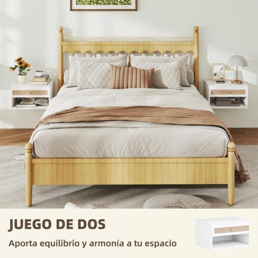 Juego de Mesitas de Noche Flotantes con Cajón de Ratán y Estante Abierto para Dormitorio 40x34x23cm Blanco [3]