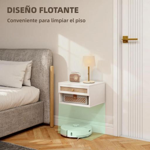 Juego de Mesitas de Noche Flotantes con Cajón de Ratán y Estante Abierto para Dormitorio 40x34x23cm Blanco [4]