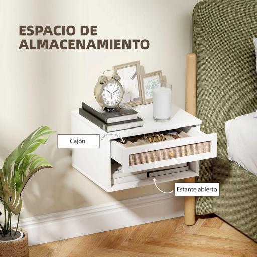 Juego de Mesitas de Noche Flotantes con Cajón de Ratán y Estante Abierto para Dormitorio 40x34x23cm Blanco [6]