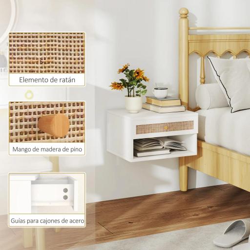 Juego de Mesitas de Noche Flotantes con Cajón de Ratán y Estante Abierto para Dormitorio 40x34x23cm Blanco [2]