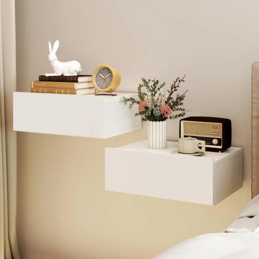 Juego de 2 Mesitas de Noche Flotantes con 1 Cajón Montado en la Pared Estilo Moderno para Dormitorio 40x30x15 cm Blanco
