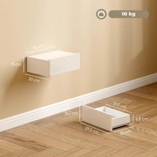 Juego de 2 Mesitas de Noche Flotantes con 1 Cajón Montado en la Pared Estilo Moderno para Dormitorio 40x30x15 cm Blanco [1]