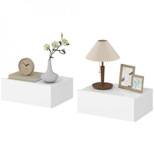 Juego de 2 Mesitas de Noche Flotantes con 1 Cajón Montado en la Pared Estilo Moderno para Dormitorio 40x30x15 cm Blanco [9]