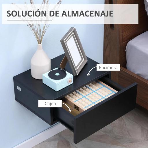 Set de 2 Mesitas de Noche Flotantes con 1 Cajón Diseño Montado en la Pared Estilo Moderno 40x30x15 cm Negro [3]