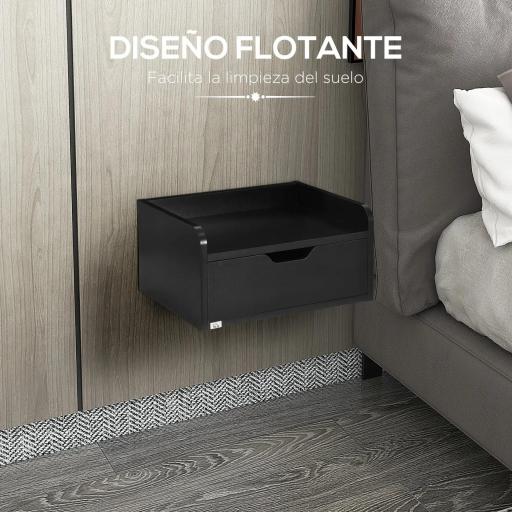 Set de 2 Mesitas de Noche de Pared Mesillas Flotantes con 1 Cajón para Dormitorio Habitación 40x30x19,5 cm Negro [5]