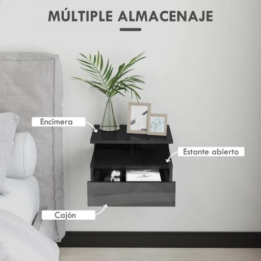 2 Mesitas de Noche Flotantes con 1 Cajón y Estante Abierto Diseño Moderno 35x32x22,5 cm Negro Brillo [2]