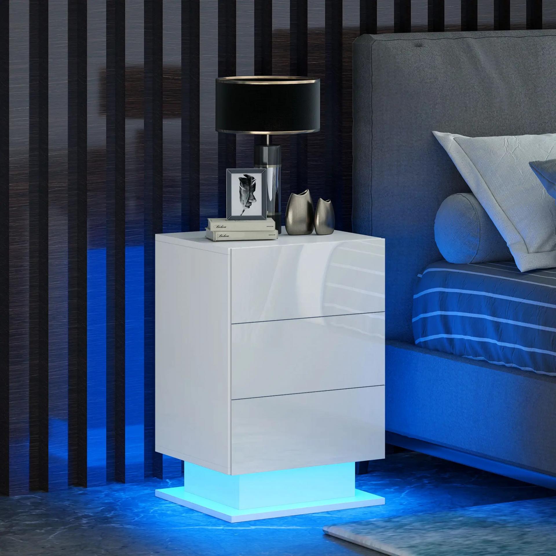 Mesita de Noche con LED RGB 3 Cajones y Mando a Distancia Diseño Moderno 40x35x60 cm Blanco Brillo