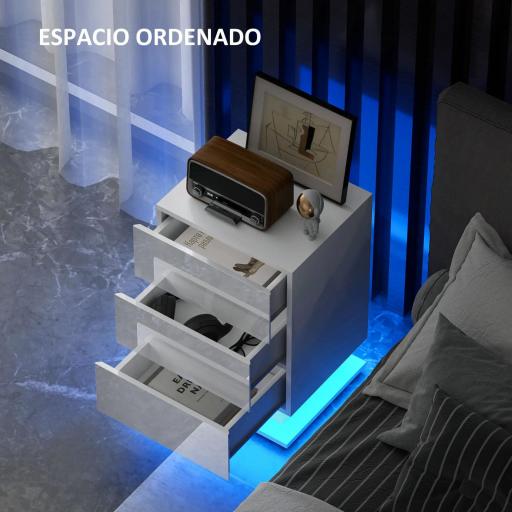Mesita de Noche con LED RGB 3 Cajones y Mando a Distancia Diseño Moderno 40x35x60 cm Blanco Brillo [4]