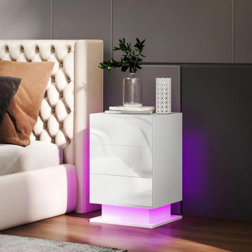 Mesita de Noche con LED RGB 3 Cajones y Mando a Distancia Diseño Moderno 40x35x60 cm Blanco Brillo [5]