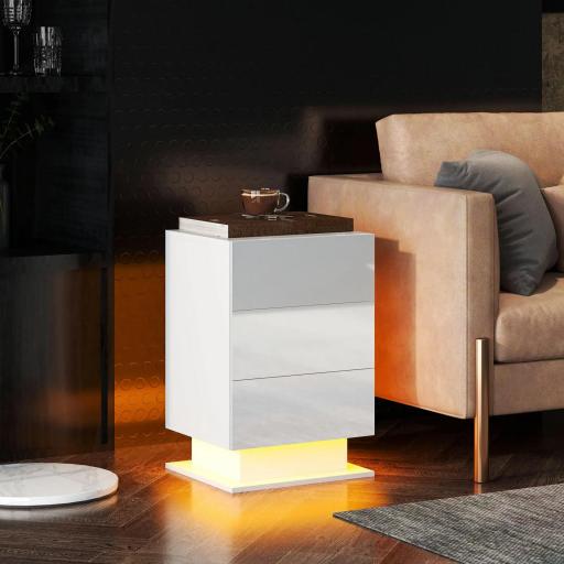 Mesita de Noche con LED RGB 3 Cajones y Mando a Distancia Diseño Moderno 40x35x60 cm Blanco Brillo [7]