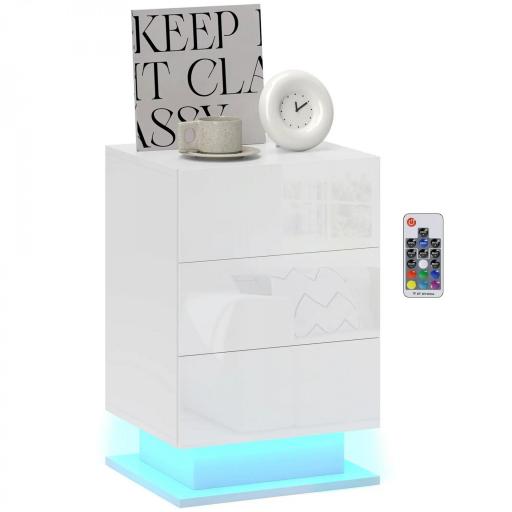 Mesita de Noche con LED RGB 3 Cajones y Mando a Distancia Diseño Moderno 40x35x60 cm Blanco Brillo [8]