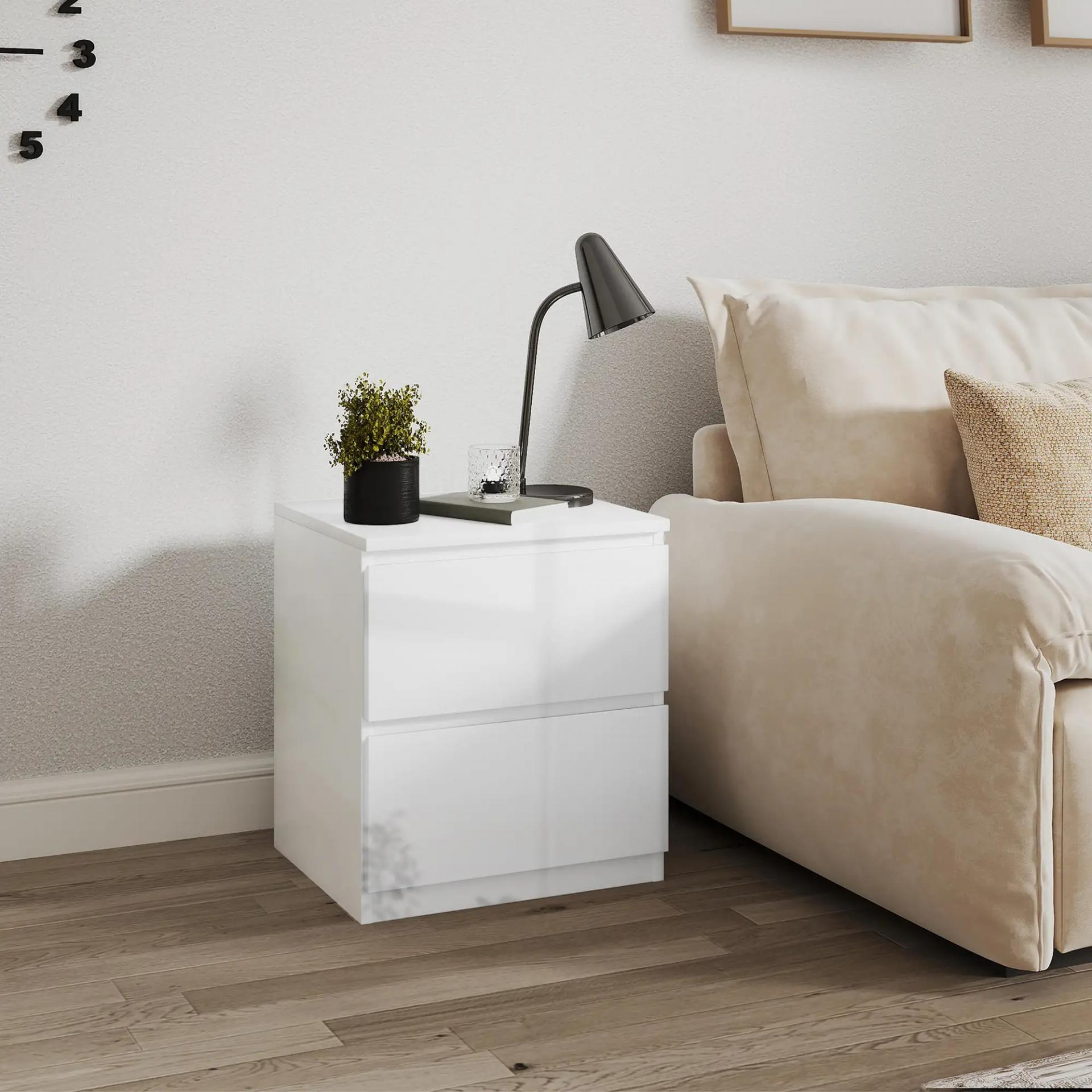Mesilla de Noche con 2 Cajones Mesa de Noche para Dormitorio Salón 40x34x45 cm Blanco Brillo