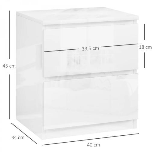 Mesilla de Noche con 2 Cajones Mesa de Noche para Dormitorio Salón 40x34x45 cm Blanco Brillo [1]