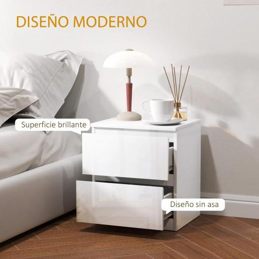 Mesilla de Noche con 2 Cajones Mesa de Noche para Dormitorio Salón 40x34x45 cm Blanco Brillo [4]