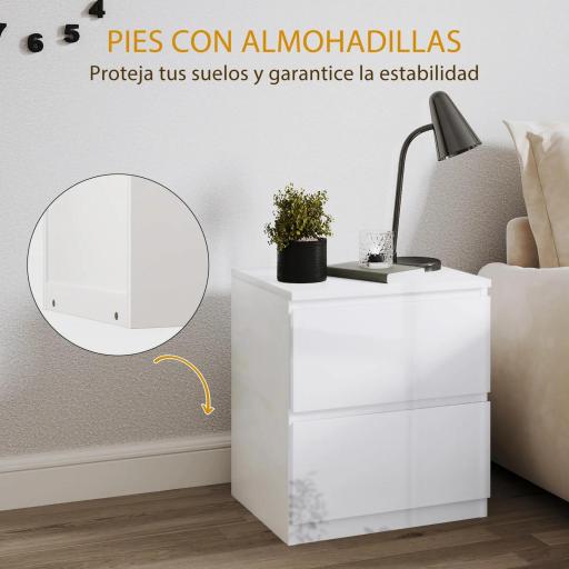 Mesilla de Noche con 2 Cajones Mesa de Noche para Dormitorio Salón 40x34x45 cm Blanco Brillo [6]