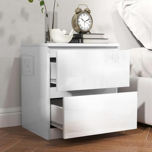 Mesilla de Noche con 2 Cajones Mesa de Noche para Dormitorio Salón 40x34x45 cm Blanco Brillo [2]