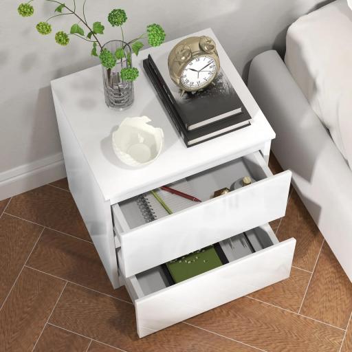 Mesilla de Noche con 2 Cajones Mesa de Noche para Dormitorio Salón 40x34x45 cm Blanco Brillo [3]