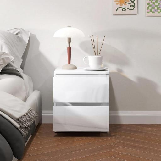 Mesilla de Noche con 2 Cajones Mesa de Noche para Dormitorio Salón 40x34x45 cm Blanco Brillo [7]