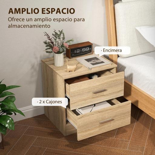 Mesilla de Noche con 2 Cajones Mesita Auxiliar para Salón Dormitorio Carga 30 kg 45x39,5x49 cm Natural [5]