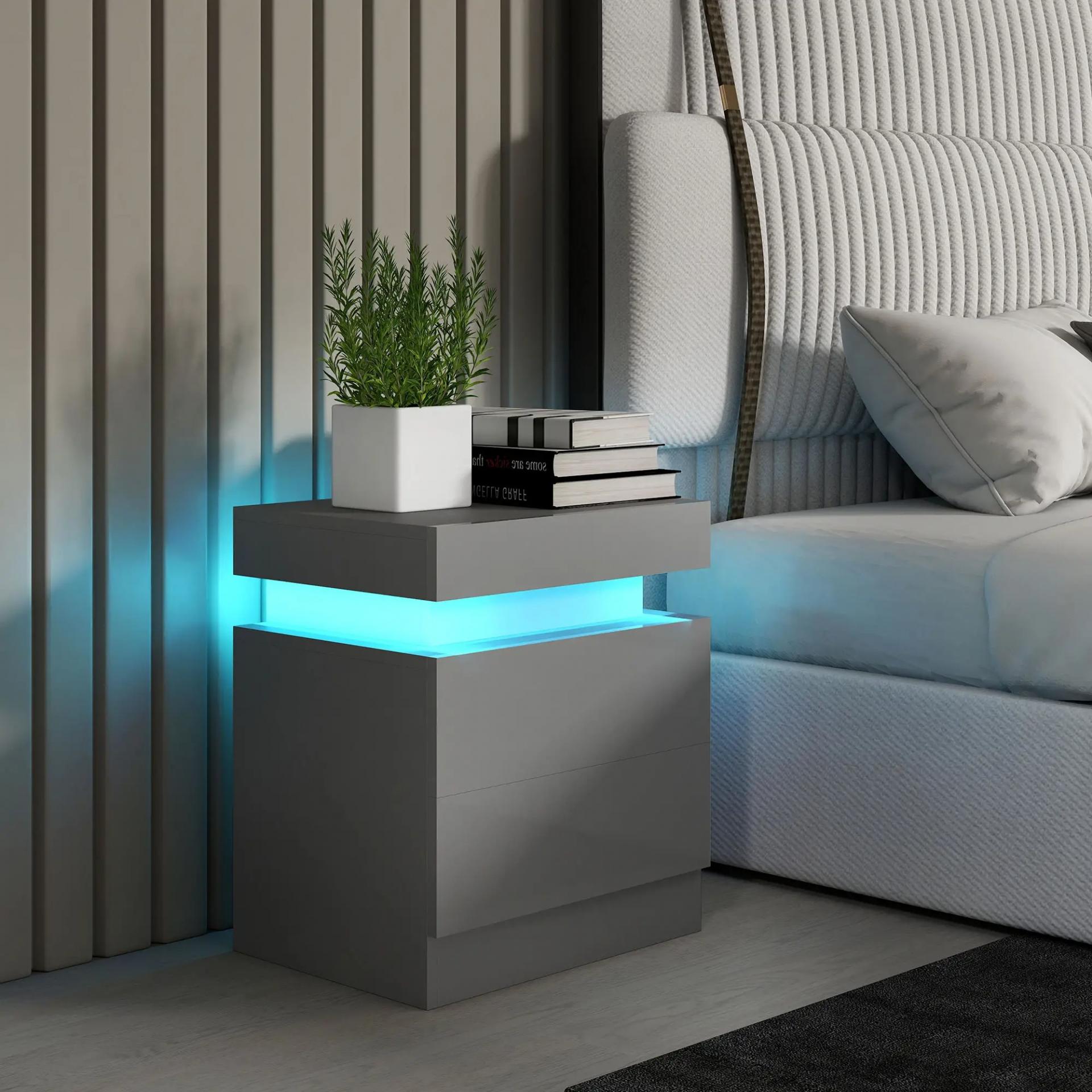 Mesilla de Noche con Luces LED 2 Cajones y Control de APP Mesa de Noche para Dormitorio Salón 45x35x52 cm Gris